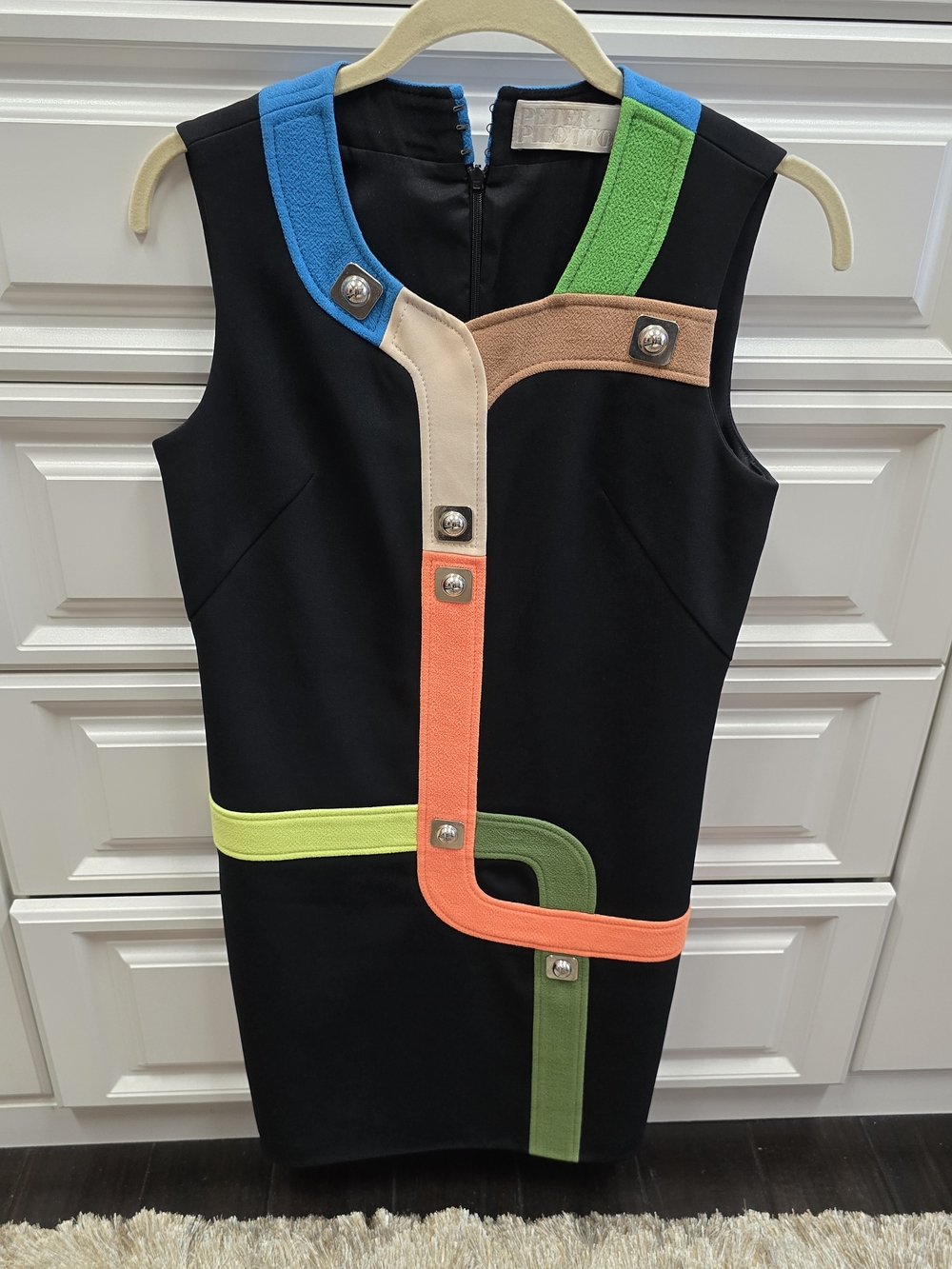 Peter Pilotto Black Mini Dress with Blue, Green, Tan, Cream and Orange Trim